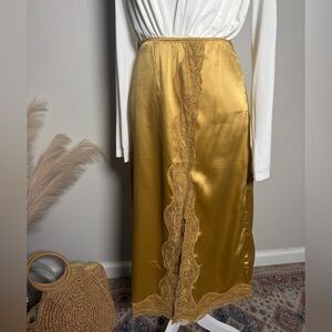 Gold Satin Lace-Trim Midi Skirt
